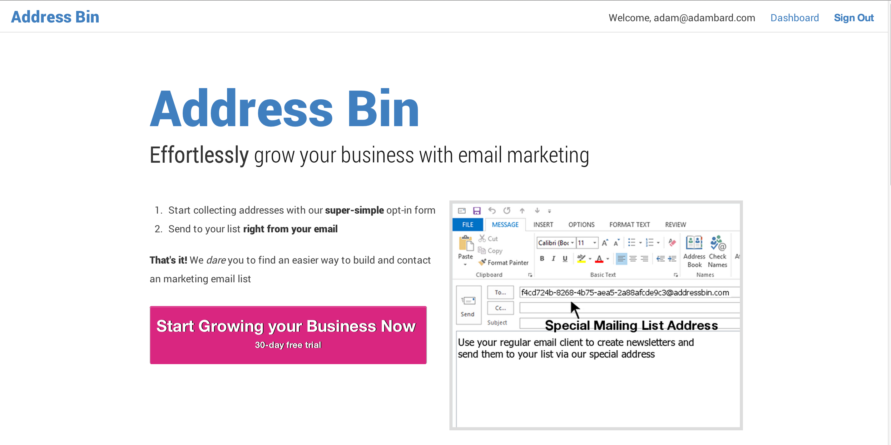 Screenshot of Addressbin.com: Easy Email Marketing right from Outlook