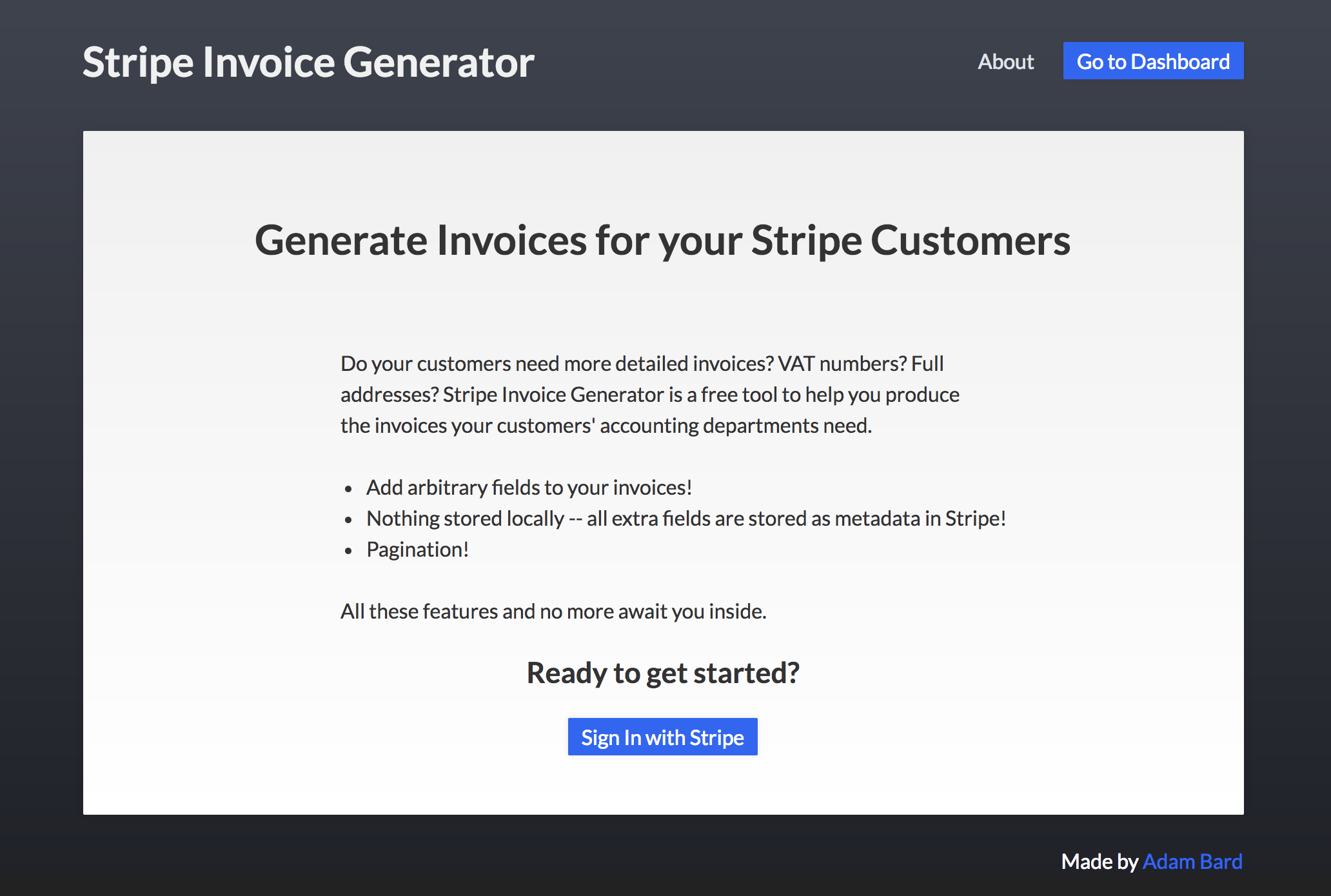 Screenshot of Stripe Invoice Generator